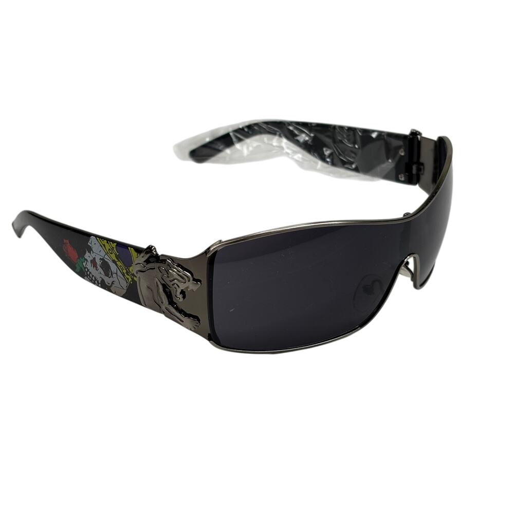 Ed Hardy Style Vtg Sunglasses Skull & Rose Tattoo Graphics Black on Black Y2K